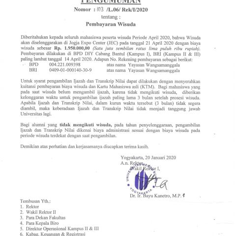 Pengumuman Pembayaran Wisuda Periode April 2020