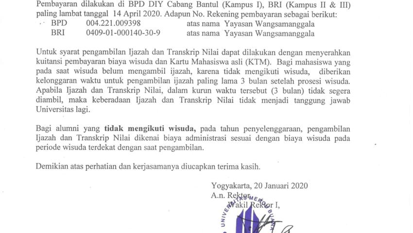 Pengumuman Pembayaran Wisuda Periode April 2020