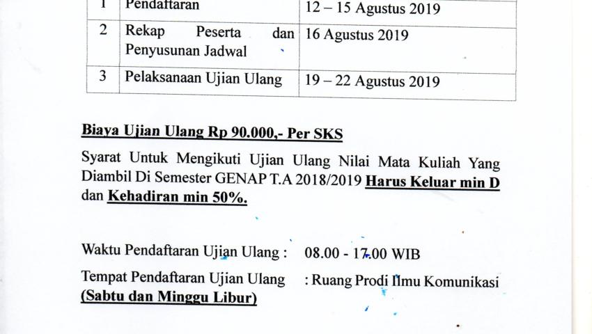 Pengumuman Pendaftaran Ujian Ulang Smt. Genap T.A 2018/2019