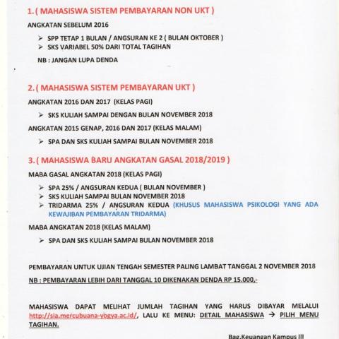 Persyaratan Pembayaran UTS Semester Gasal 2018/2019