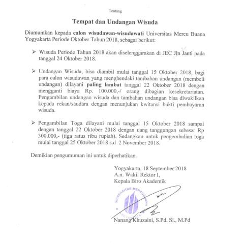 Tempat dan Undangan Wisuda Bulan Oktober 2018