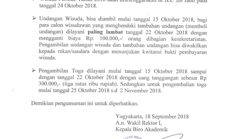 Tempat dan Undangan Wisuda Bulan Oktober 2018