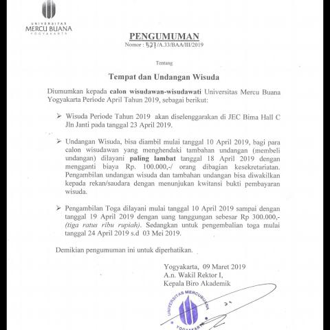 Tempat dan Undangan Wisuda Periode April 2019
