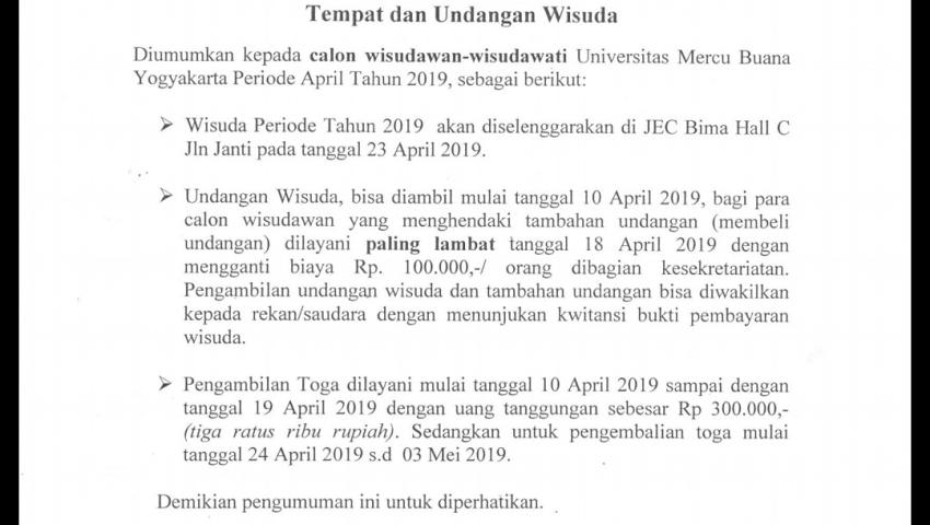 Tempat dan Undangan Wisuda Periode April 2019