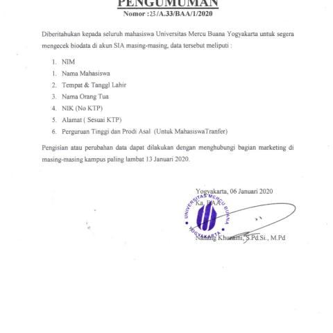 PENGUMUMAN PENGECEKAN BIODATA DI SIA