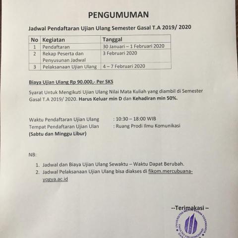 Pengumuman Pendaftaran Ujian Ulang Semester Gasal 2019/2020