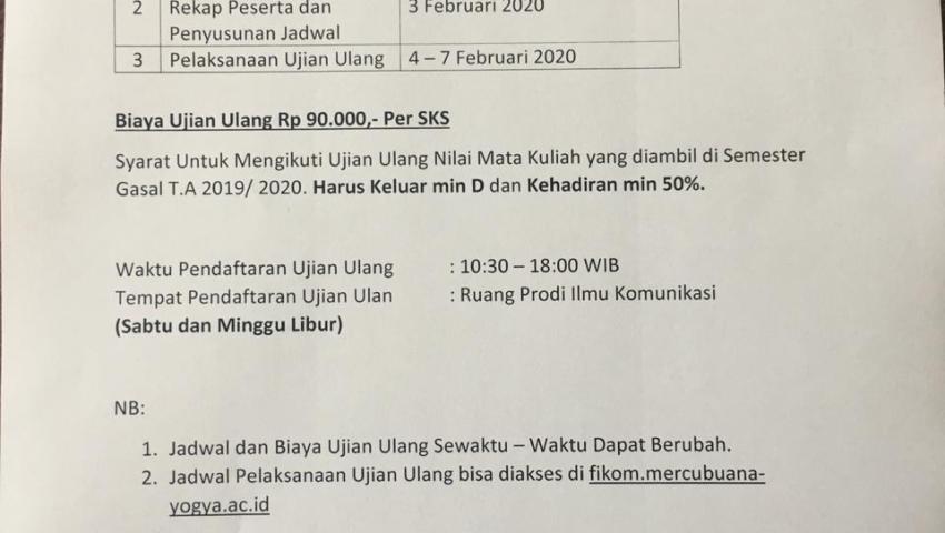Pengumuman Pendaftaran Ujian Ulang Semester Gasal 2019/2020